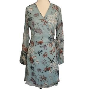 Le Lis Chiffon Light Blue Floral Sheer Open Sleeve Wrap Mini Dress - Sz M
